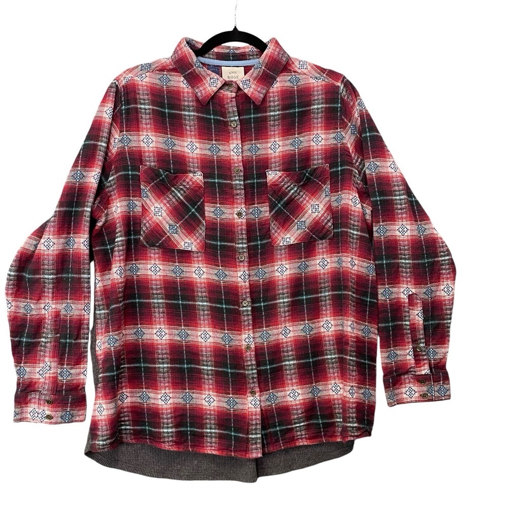 KNOX ROSE Women Thermal Long Sleeves Button Front Plaid Top Sz XXL Red 7-18